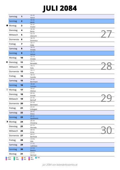 Kalender Juli 2084 im Hochformat mit Notizbereich