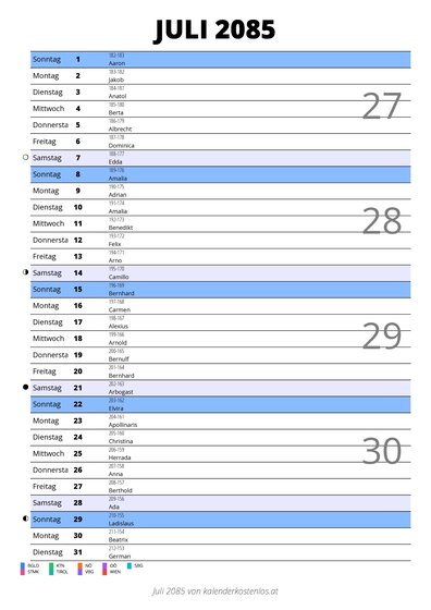 Kalender Juli 2085 im Hochformat mit Notizbereich