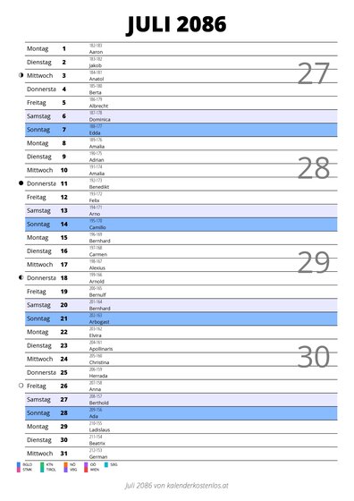 Kalender Juli 2086 im Hochformat mit Notizbereich