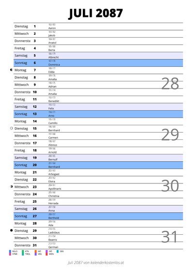 Kalender Juli 2087 im Hochformat mit Notizbereich