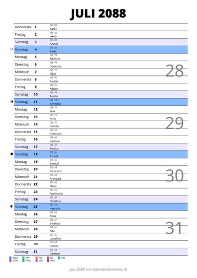 Kalender Juli 2088 im Hochformat mit Notizbereich