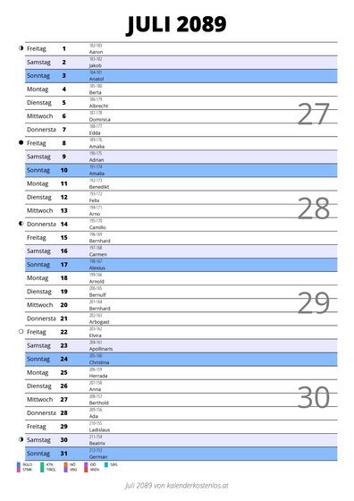 Kalender Juli 2089 im Hochformat mit Notizbereich