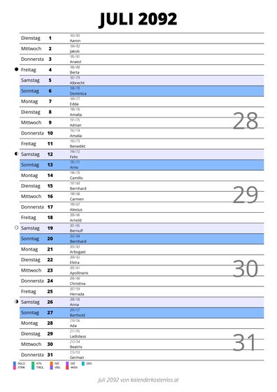 Kalender Juli 2092 im Hochformat mit Notizbereich