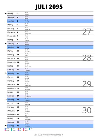 Kalender Juli 2095 im Hochformat mit Notizbereich