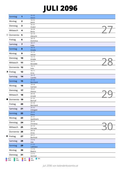 Kalender Juli 2096 im Hochformat mit Notizbereich