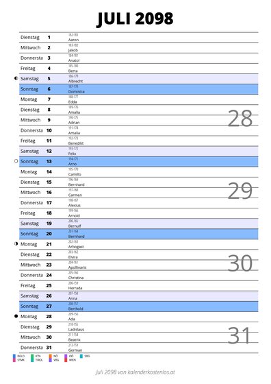 Kalender Juli 2098 im Hochformat mit Notizbereich