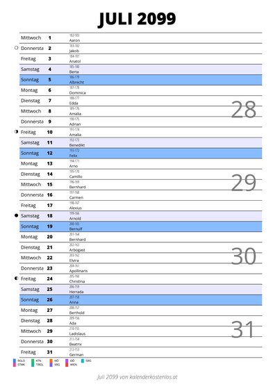 Kalender Juli 2099 im Hochformat mit Notizbereich