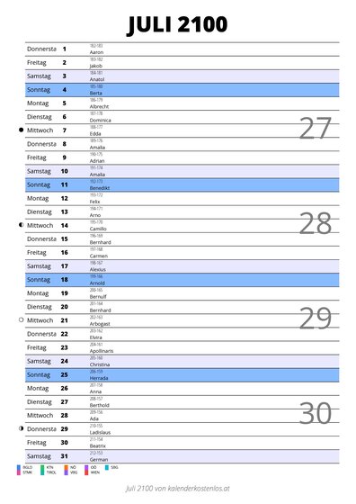 Kalender Juli 2100 im Hochformat mit Notizbereich