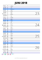 Kalender Juni 2018 im Hochformat mit Notizbereich