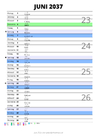 Kalender Juni 2037 im Hochformat mit Notizbereich