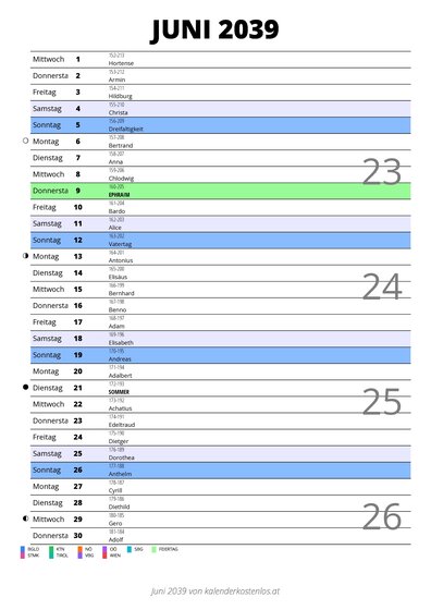 Kalender Juni 2039 im Hochformat mit Notizbereich