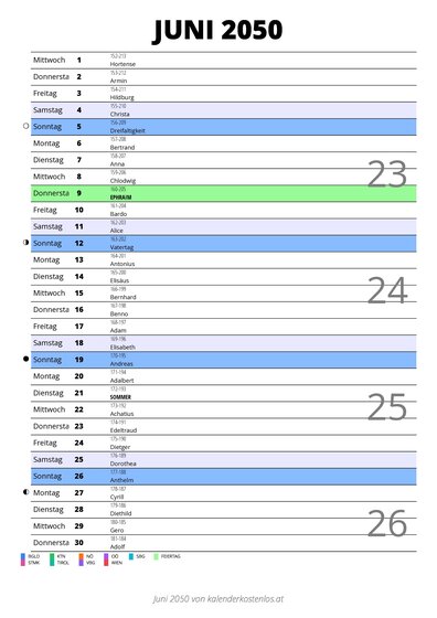 Kalender Juni 2050 im Hochformat mit Notizbereich