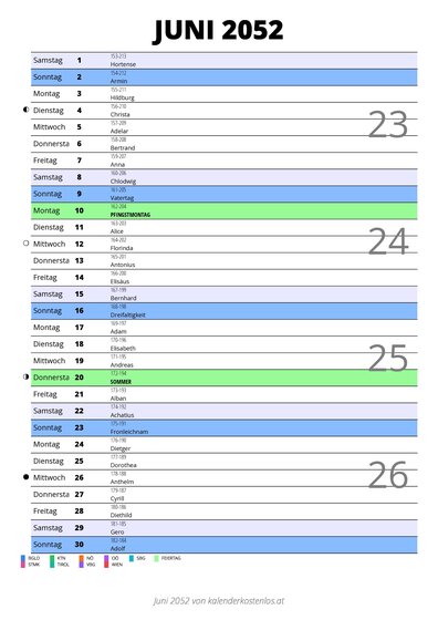 Kalender Juni 2052 im Hochformat mit Notizbereich