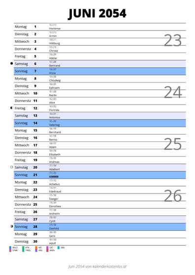 Kalender Juni 2054 im Hochformat mit Notizbereich