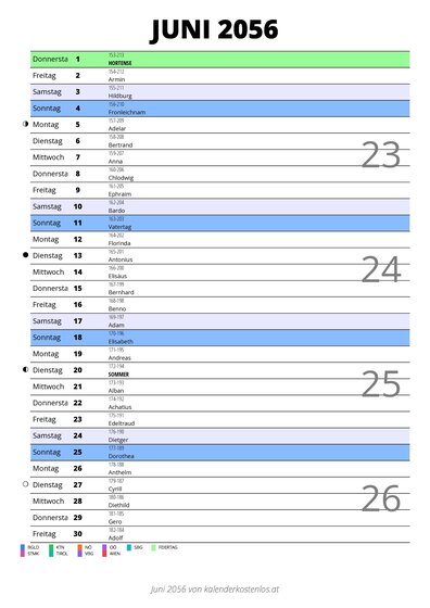 Kalender Juni 2056 im Hochformat mit Notizbereich