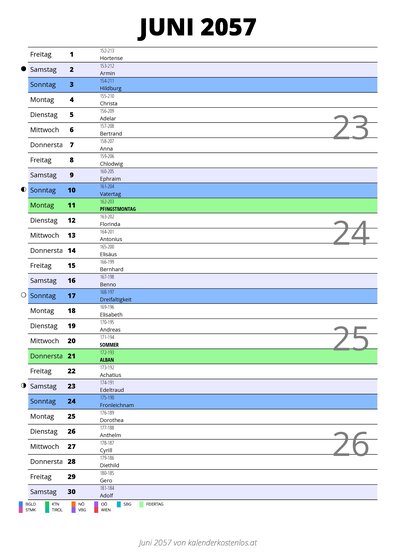 Kalender Juni 2057 im Hochformat mit Notizbereich