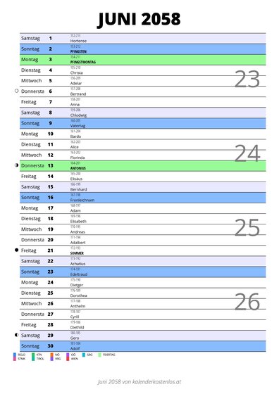 Kalender Juni 2058 im Hochformat mit Notizbereich