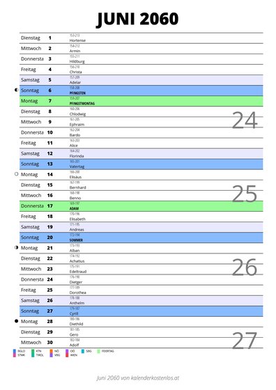 Kalender Juni 2060 im Hochformat mit Notizbereich