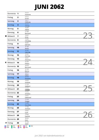 Kalender Juni 2062 im Hochformat mit Notizbereich