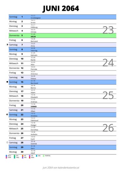 Kalender Juni 2064 im Hochformat mit Notizbereich