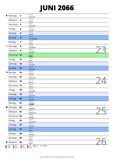 Kalender Juni 2066 im Hochformat mit Notizbereich