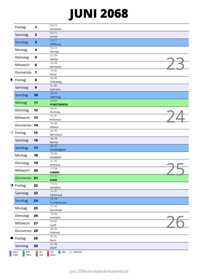 Kalender Juni 2068 im Hochformat mit Notizbereich