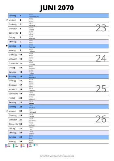 Kalender Juni 2070 im Hochformat mit Notizbereich