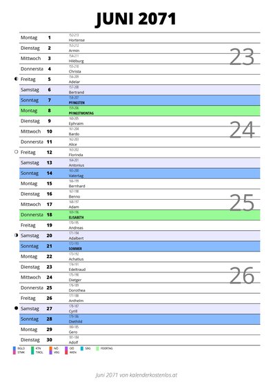 Kalender Juni 2071 im Hochformat mit Notizbereich