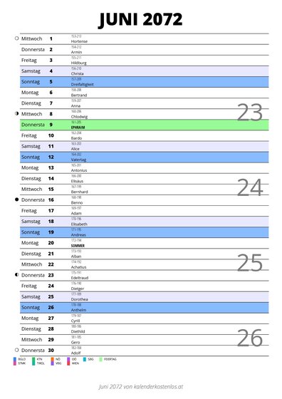 Kalender Juni 2072 im Hochformat mit Notizbereich