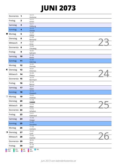 Kalender Juni 2073 im Hochformat mit Notizbereich