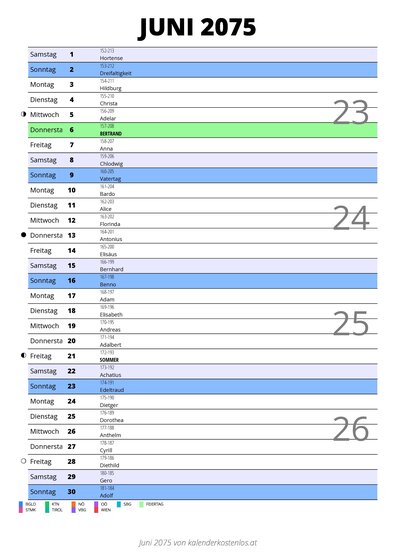 Kalender Juni 2075 im Hochformat mit Notizbereich