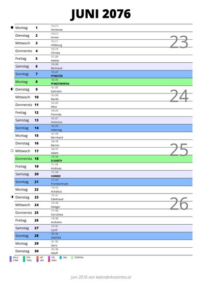 Kalender Juni 2076 im Hochformat mit Notizbereich