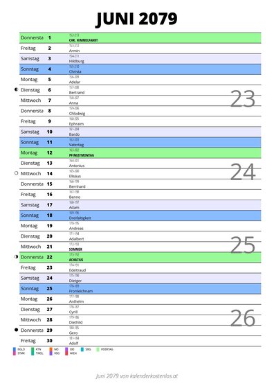 Kalender Juni 2079 im Hochformat mit Notizbereich
