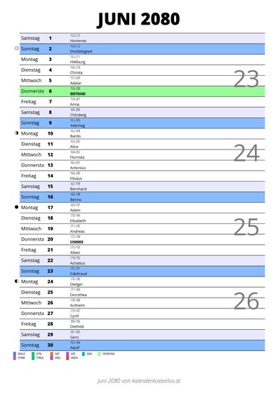 Kalender Juni 2080 im Hochformat mit Notizbereich
