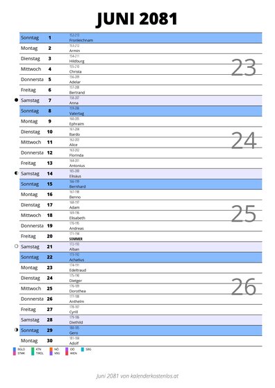 Kalender Juni 2081 im Hochformat mit Notizbereich