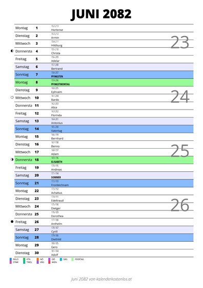 Kalender Juni 2082 im Hochformat mit Notizbereich