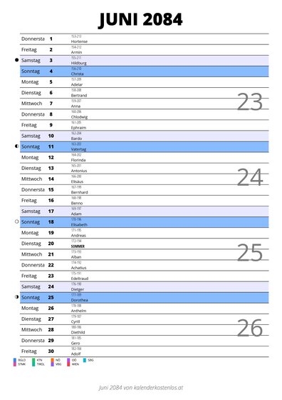 Kalender Juni 2084 im Hochformat mit Notizbereich
