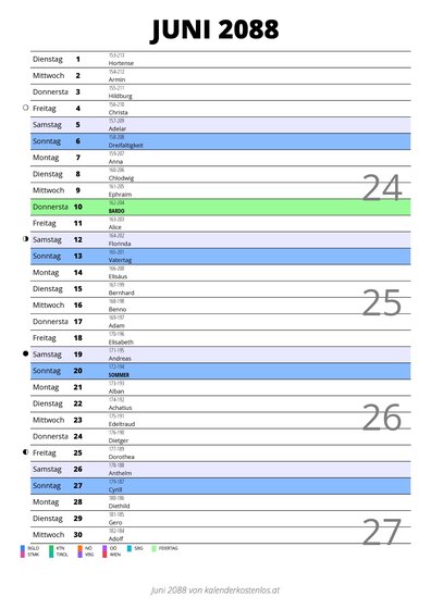 Kalender Juni 2088 im Hochformat mit Notizbereich