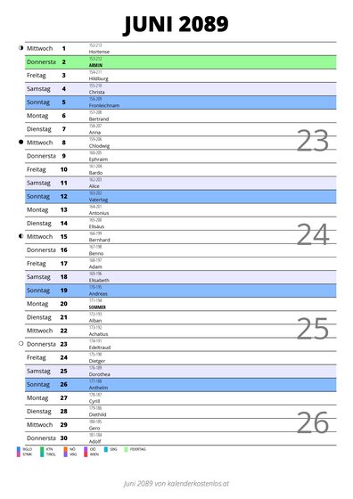 Kalender Juni 2089 im Hochformat mit Notizbereich