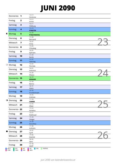 Kalender Juni 2090 im Hochformat mit Notizbereich