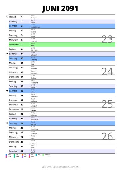 Kalender Juni 2091 im Hochformat mit Notizbereich