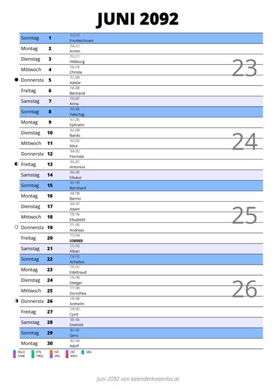 Kalender Juni 2092 im Hochformat mit Notizbereich