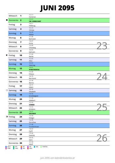 Kalender Juni 2095 im Hochformat mit Notizbereich