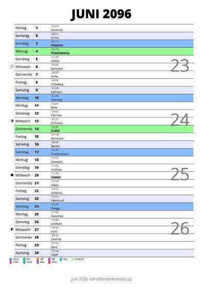 Kalender Juni 2096 im Hochformat mit Notizbereich