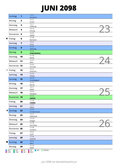 Kalender Juni 2098 im Hochformat mit Notizbereich