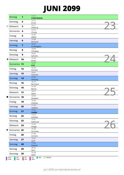 Kalender Juni 2099 im Hochformat mit Notizbereich