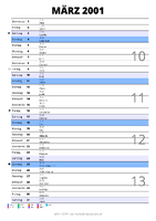 Kalender März 2001 im Hochformat mit Notizbereich
