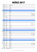 Kalender März 2017 im Hochformat mit Notizbereich