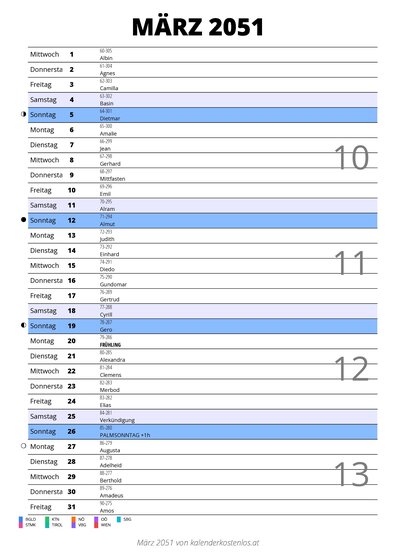 Kalender März 2051 im Hochformat mit Notizbereich