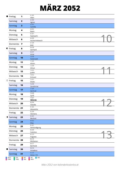 Kalender März 2052 im Hochformat mit Notizbereich